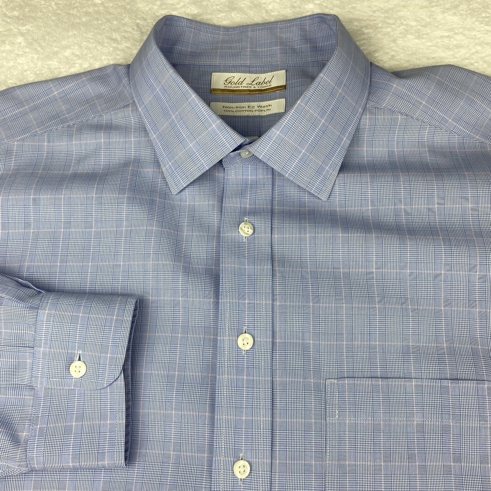 Roundtree & Yorke Gold Label Dress Shirt Mens 17.5-33 Blue/Pink Plaid No Iron